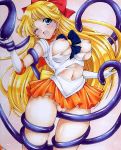  1girl aino_minako bishoujo_senshi_sailor_moon blonde_hair blue_eyes breasts choker clothed earrings elbow_gloves female gloves hmdark-9 long_hair looking_at_viewer minako_aino no_bra no_panties one_eye_closed open_mouth orange_skirt pussy restrained sailor_moon sailor_venus serafuku skirt tentacles tiara torn_clothes upskirt 