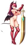 big_breasts big_breasts breasts demon_girl demon_horns demon_tail demon_wings derauea long_hair looking_at_viewer motto!_haramase!_honoo_no_oppai_isekai_chou_ero_succubus_gakuen! oppai shiny_skin stockings succubus sword