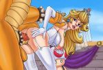 1boy 1girl ass bent_over big_breasts blonde_hair blue_eyes bowser breasts doggy_position earrings female_human gloves human impossible_fit interspecies larger_male long_gloves long_hair looking_back male/female no_panties outdoor outside penis_in_pussy princess_peach pussy sex smaller_female stockings super_mario_bros. vaginal vaginal_penetration vaginal_sex