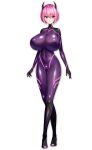 big_breasts bodysuit breasts demon_girl demon_horns derauea latex latex_suit looking_at_viewer motto!_haramase!_honoo_no_oppai_isekai_chou_ero_succubus_gakuen! nipples_visible_through_clothing shiny shiny_clothes short_hair skin_tight