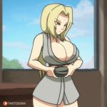 1girl big_breasts breasts_outside female_only flashing gif huge_breasts naruto naruto_shippuden tsunade twistedgrim