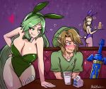  1boy 2girls akairiot blush bunnysuit cleavage female huge_breasts kid_icarus link master_sword nintendo palutena princess_zelda seductive the_legend_of_zelda wide_hips 