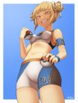 alternate_costume blonde_hair cosplay game_freak impossible_clothes minishorts my_hero_academia nessa_(pokemon) nintendo pokeball pokemon short_hair shower smile toga_himiko