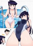 1boy 1girl bikini black_hair blush breasts embarrassed komi-san_wa_komyushou_desu komi_shouko long_sleeves looking_at_viewer looking_down medium_breasts surprised swimsuit tadano_hitohito