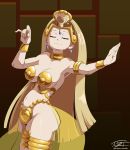  alternate armor armpits bare bikini blonde bracelet breasts closed cosplay cosplay dancer dancing double_(skullgirls) eric_toner eyes gem hair jewelry large long navel outfit shantae shoulders skullgirls smile swimsuit tiara 