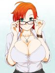 1girl boudica_(fate) cleavage fate/grand_order fate_(series) glasses green_eyes grin huge_breasts medium_hair orange_hair pendant