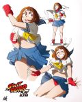 1girl alternate_costume brown_hair capcom cosplay fighting_stance headband impossible_clothes kasugano_sakura kellzallday miniskirt multiple_views my_hero_academia panties red_panties short_hair skirt smile street_fighter underwear uraraka_ochako