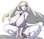 1boy 1girl blonde_hair breasts bulge game_freak girl_on_top hair_over_one_eye heart heart_pasties huge_breasts lipstick long_hair lusamine makeup maniacpaint mature milf nintendo nipples open_mouth pasties penis pokemon pokemon_sm pussy simple_background stockings thong