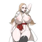 1girl arm_behind_back breasts earrings game_freak hoop_earrings huge_breasts lipstick long_hair makeup maniacpaint nintendo nipples oleana_(pokemon) pokemon pokemon_ss pussy solo solo_female solo_focus thighhighs wide_hips