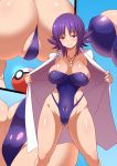  1girl 1girl ass big_breasts bikini breasts cameltoe konno_tohiro leotard long_hair looking_at_viewer multiple_views nintendo pokemon professor_ivy purple_hair revealing_clothes smile 