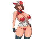 1girl aged_up breasts brunette fingerless_gloves game_freak haruka_(pokemon) heart heart_pasties huge_breasts maniacpaint may nintendo older pasties pokemon pokemon_rse simple_background smile solo solo_female solo_focus stockings