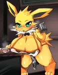 1girl 1girl big_breasts bikini blush breast_grab coffee cow_print furry game_of_thrones jolteon looking_at_viewer milk nintendo pokemon smile swimsuit tail