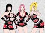 3_girls akatsuki bellybutton bend_over big_breasts black_hair blonde_hair cleavage dress hair_over_one_eye hinata_hyuuga ino_yamanaka miniskirt naruto naruto_shippuden outfit pink_hair pose sakura_haruno sex skirt