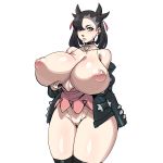 1girl breasts choker coat game_freak hair_over_one_eye huge_breasts leather_jacket maniacpaint marnie_(pokemon) nintendo nipples pokemon pokemon_ss pussy