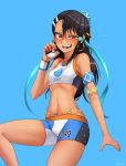 alternate_costume black_hair braces cosplay dark_skin fang game_freak gemlord grin ijiranaide_nagatoro-san impossible_clothes jewelry long_hair looking_at_viewer minishorts nagatoro nagatoro_hayase nessa_(cosplay) nessa_(pokemon) ninja nyxkz pokeball pokemon rurina_(pokemon) shorts