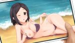  1girl 1girl beach disembodied disembodied_hand disembodied_limb dumbbell_nan_kilo_moteru? high_resolution milf nipples short_hair swimsuit tachibana_satomi undressing very_high_resolution 