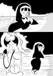 2_girls ass bed bedroom bulma_brief chichi dragon_ball dragon_ball_z funsexydragonball looking_back monochrome nun nun's_habit praying succubus