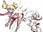  2_girls alternate ass attack black blonde bomber clothes cosplay fight fighting flying girls hair hip impossible king_of_fighters leotard long mask multiple princess_peach rainbow_mika revealing short spanked spanking stance street_fighter super_mario_bros. vanessa_(king_of_fighters) 