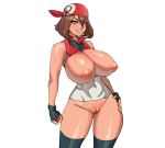 1girl aged_up breasts brunette fingerless_gloves game_freak haruka_(pokemon) huge_breasts maniacpaint may nintendo nipples older pokemon pokemon_rse pussy simple_background smile solo solo_female solo_focus stockings