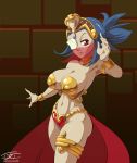 1girl armor armpits big_breasts bikini bikini_armor bracelet cleavage cosplay dancer eric_toner eyepatch gem jewelry looking_at_viewer red_clothing red_eye revealing_clothes scar shantae skullgirls smile swimsuit thighs tiara valentine_(skullgirls)