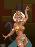  1girl alternate_costume animal armor armpits big_breasts bikini bikini_armor bracelet breasts cat catgirl clothes cosplay dancer ears eric_toner gem hair happy jewelry lab_zero_games large looking_at_viewer ms._fortune_(skullgirls) nadia_fortune navel outfit revealing shantae shantae_(cosplay) short skullgirls smile swimsuit tail tiara white_hair 