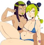  2_girls big_breasts bikini black_hair breasts dark_skin green_hair hermes_costello jinu jojo&#039;s_bizarre_adventure jolyne_kujo long_hair navel navel_piercing smile swimsuit 