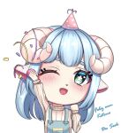  1girl blue_hair chibi fanart female_only kotone_asahi party_hat sheep sheep_girl solo_female vtuber white_background wink 