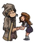 akabur chibi closed_eyes handjob harry_potter hermione_granger hood hooded reluctant robe school_uniform schoolgirl transparent_background witch_trainer