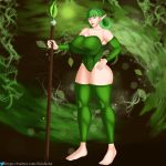 beige_skin big_breasts blue_eyes breasts commission erect_nipples fado female green_hair kokiri kokiri_spear niixnsfw nipples ocarina_of_time solo spear the_legend_of_zelda weapon