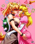 ass_grab big_breasts blonde_hair blush bowsette breast_press breasts cleavage crown earrings female_only femsub gloves happy_trance horns jadenkaiba jadenkaiba_(artist) kissing long_hair magic nintendo open_mouth princess princess_peach ring_eyes saliva super_crown super_mario_bros. symmetrical_docking tongue tongue_out transformation yuri