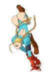  1girl ahoge antenna_hair armband ass back_cutout blonde_hair blue_eyes boots braid cammy_white camouflage capcom fingerless_gloves garrison_cap gloves hairline hat huge_ahoge johnny_olm leotard long_hair ribbed_leotard scar solo street_fighter street_fighter_zero street_fighter_zero_3 street_fighter_zero_iii thong_leotard twin_braids upside-down 