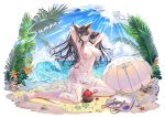 1girl 1girl 1girl animal_ears areola atago_(azur_lane) atago_(midsummer_march)_(azur_lane) azur_lane bag bangs beach beach_umbrella big_breasts bikini black_hair blue_sky blush breasts brown_eyes cleavage cloud day extra_ears eyebrows_visible_through_hair flower full_body hair_flower hair_ornament high_heels high_resolution long_hair looking_at_viewer mole mole_under_eye navel nipples ocean palm_tree plant ribbon sand sarong shoes signature sitting sky stomach sunlight swimsuit thighs topless tree umbrella untied untied_bikini waves wet wet_clothes white_bikini white_footwear white_swimsuit yi_dianxia yokozuwari