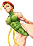 1girl abs antenna_hair beret blonde_hair blue_eyes braid breasts cameltoe cammy_white camouflage capcom covered_nipples erect_nipples gloves hat large_breasts leotard long_hair muscle scar shopyun slender_waist solo street_fighter thick_thighs thighs thong_leotard twin_braids very_long_hair