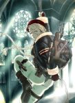  ass beret blonde_hair blue_eyes braid cammy_white capcom dagger female fingerless_gloves gloves gun hair_slicked_back hat holster indoors inugami_mokekiyo knife leotard long_hair pantyhose rope scar solo street_fighter thigh_holster twin_braids weapon 