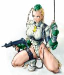  1girl ahoge alternate_color antenna_hair blonde_hair blue_eyes boots braid cammy_white capcom erect_nipples female fingerless_gloves garrison_cap gloves green_eyes gun hat holster leotard long_hair rope scar solo street_fighter street_fighter_ii street_fighter_zero submachine_gun teketeke_(tekenotteke) thigh_holster trigger_discipline twin_braids twintails weapon zipline 