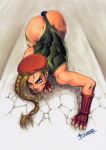  1girl all_fours angry ass beret blonde_hair blue_eyes bodypaint boots braid butt_crack cammy_white capcom female fingerless_gloves full_body gloves hat leotard long_hair muscle muscular_female panties scar solo street_fighter streetfighter thong thong_leotard tsukasa_jun twin_braids underwear 