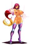 1girl 2018 5_fingers big_breasts breasts cleavage dc_comics dcau devil-v eyebrows eyebrows_visible_through_hair eyelashes female female_only fingerless_gloves full_body gloves green_eyes heels high_heel_boots huge_breasts humanoid humanoid_hands knee_boots legwear lipstick long_hair mostly_nude nipples orange_skin purple_gloves pussy red_hair red_lipstick shaved_pussy sparkles starfire superheroine teen_titans thick_thighs vagina