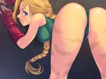 1girl ass bent_over blonde_hair blue_eyes braid cammy_white capcom female_only fingerless_gloves gloves leotard long_hair scar solo source_request street_fighter twin_braids yoko_juusuke