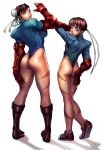 2girls ass boots brown_eyes brown_hair bun_cover cammy_white cammy_white_(cosplay) camouflage capcom chun-li cosplay double_bun felsus fingerless_gloves gloves hair_ribbon hand_on_ass headband henry_aponte highleg highleg_leotard huge_ass kasugano_sakura leotard looking_back multiple_girls ribbon shoes shoulder_pads sneakers street_fighter street_fighter_zero thong_leotard worried