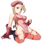  beret blonde_hair blue_eyes boots braid breasts cammy_white capcom caryo erect_nipples fingerless_gloves gloves hat kneeling leotard long_hair street_fighter tabigarasu twin_braids 