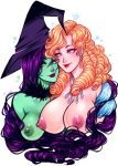 2_girls 2girls ashiori-chan breasts elphaba glinda good_witch_of_the_north green_skin hat large_breasts multiple_girls no_bra the_wizard_of_oz wicked wicked_witch_of_the_west