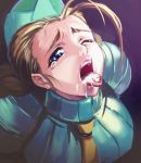 1girl ahoge antenna_hair blonde_hair blue_eyes cammy_white capcom cum cum_in_mouth cum_on_tongue face facial garrison_cap hat kira_keita lips mentako necktie purple_background simple_background solo street_fighter tears tongue tongue_out turtleneck