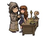  akabur chibi desk grope groping groping_breasts harry_potter hermione_granger hood hooded reluctant robe school_uniform schoolgirl transparent_background witch_trainer 