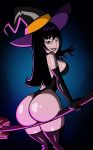 1girl ass black_hair boots breasts broom broomstick bubble_butt cartoon_network cosplay female_only flying goth grimphantom halloween hat kristin_(sym-bionic_titan) long_sleeves looking_back purple_lipstick shiny_skin smile sym-bionic_titan witch witch_hat