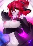 1girl 1girl 2018 amber_eyes anthro areola black_fur breasts cat digital_media_(artwork) eyelashes feline fur furry hair mammal nipples nitricacid nude red_hair red_nose standing