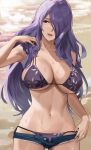 1girl 1girl absurd_res alluring big_breasts bikini breasts camilla_(fire_emblem) cleavage denim denim_shorts female_focus fire_emblem hair_over_one_eye high_res j@ck long_hair navel nintendo purple_hair shorts side-tie_bikini_bottom skindentation standing stomach swimsuit under_boob