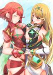  2_girls alluring bangs blonde_hair breast_press breast_squish breasts chrokey closed_eyes earrings fingerless_gloves gloves hair_ornament happy holding_hands large_breasts long_hair multiple_girls mythra nintendo pyra red_hair redhead short_hair shorts symmetrical_docking xenoblade xenoblade_(series) xenoblade_chronicles_2 yellow_eyes 