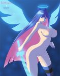 angel big_breasts blue_hair breasts devil-v female_only halo long_hair multicolored_hair nude nude_female panty_&_stocking_with_garterbelt simple_background stocking_(psg) stocking_anarchy stockings sword two_tone_hair weapon wings