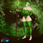  beige_skin big_breasts blue_eyes breasts commission erect_nipples female green_hair kokiri kokiri_spear niixnsfw nipples ocarina_of_time saria solo spear the_legend_of_zelda weapon 