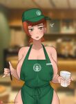  1girl apron ben_10 big_breasts blush breasts elijahzx elzx green_apron green_eyes gwen_tennyson huge_breasts iced_latte_with_breast_milk meme naked_apron orange_hair short_hair starbucks starbucks_breastmilk_meme wide_hips 